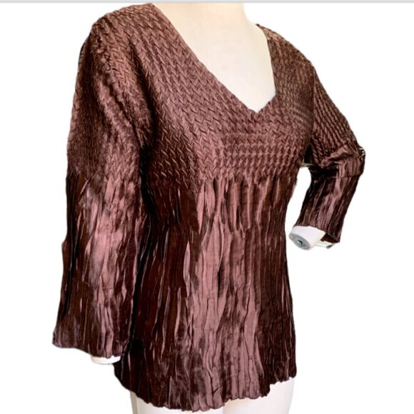 Toffee & Apple Mixed-Pattern Crinkle V-Neck Blouse XL Metallic Brown #34A - Picture 2 of 6